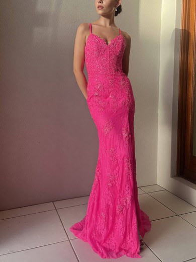 Sheath/Column V-neck Lace Tulle Sweep Train Appliques Lace Prom Dresses #UKM020116468