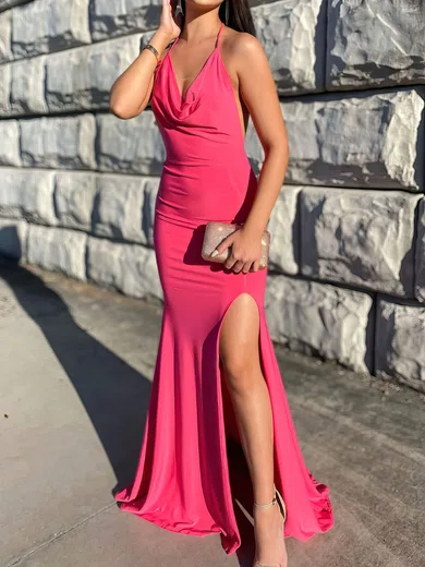 Sheath/Column Cowl Neck Jersey Backless Prom Dresses With Ruched #UKM020116469