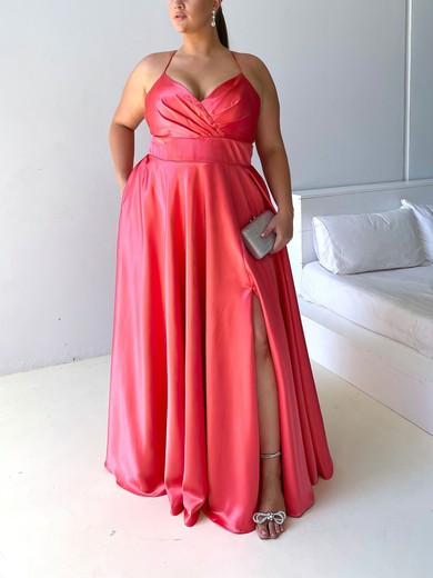 A-line V-neck Silk-like Satin Floor-length Ruffles Prom Dresses #UKM020116471