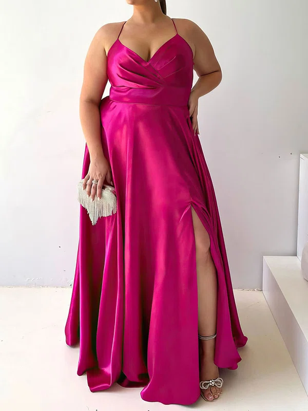 A-line V-neck Floor-length Satin Prom Dresses With Ruched #UKM020116472