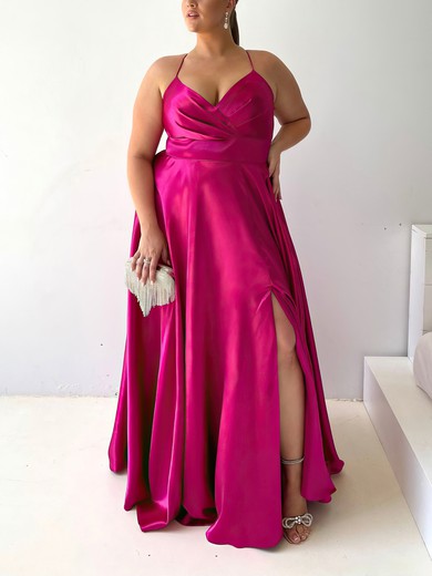 A-line V-neck Silk-like Satin Floor-length Prom Dresses With Split Front #UKM020116472