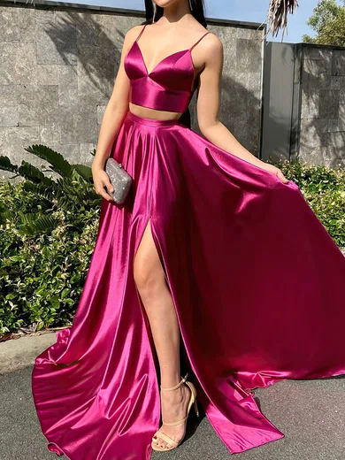 Ball Gown V-neck Satin Two Piece Prom Dresses With Ruched #UKM020116473