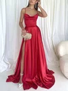 A-line Cowl Neck Silk-like Satin Sweep Train Prom Dresses With Split Front #UKM020116489