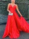 Ball Gown V-neck Satin Sweep Train Prom Dresses #UKM020116493