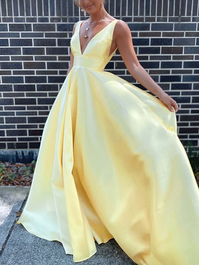 Ball Gown V-neck Satin Sweep Train Prom Dresses #UKM020116505