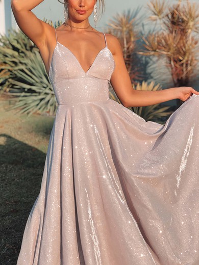Ball Gown V-neck Shimmer Crepe Sweep Train Prom Dresses #UKM020116516