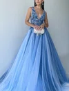 Ball Gown V-neck Tulle Sweep Train Prom Dresses With Flower(s) #UKM020116520