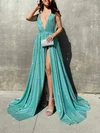 Ball Gown V-neck Shimmer Crepe Sweep Train Prom Dresses With Split Front #UKM020116541