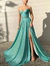 Ball Gown Sweetheart Shimmer Crepe Sweep Train Prom Dresses With Split Front #UKM020116542