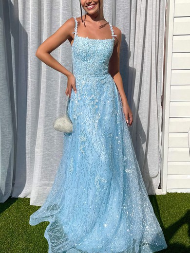 Ball Gown Square Neckline Sequined Sweep Train Prom Dresses With Appliques Lace #UKM020116563