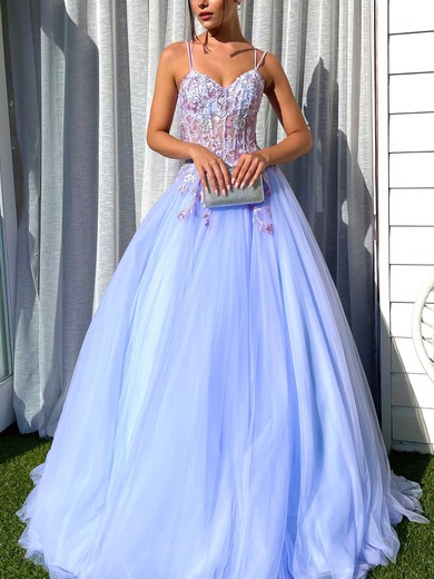 Ball Gown V-neck Tulle Sweep Train Prom Dresses With Appliques Lace #UKM020116569