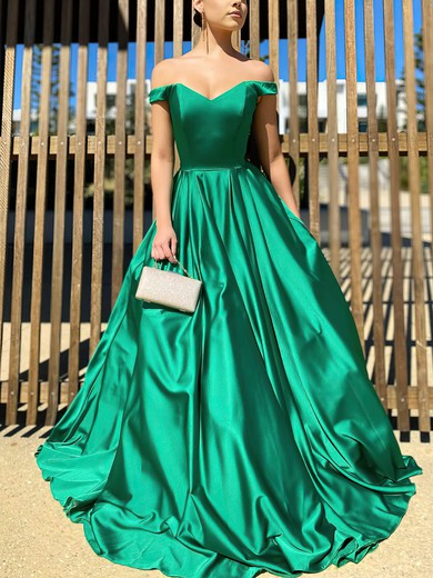 Ball Gown Off-the-shoulder Satin Sweep Train Prom Dresses #UKM020116573