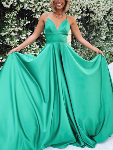 Ball Gown V-neck Satin Sweep Train Prom Dresses #UKM020116577