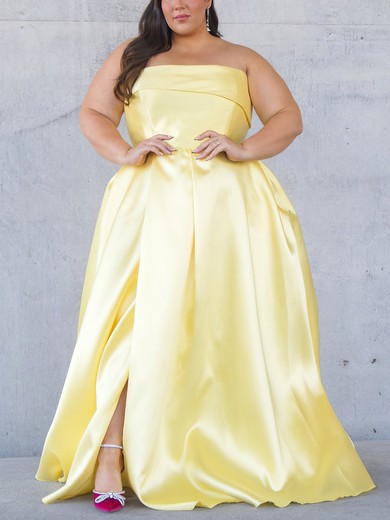 Ball Gown Straight Satin Sweep Train Prom Dresses With Split Front #UKM020116585