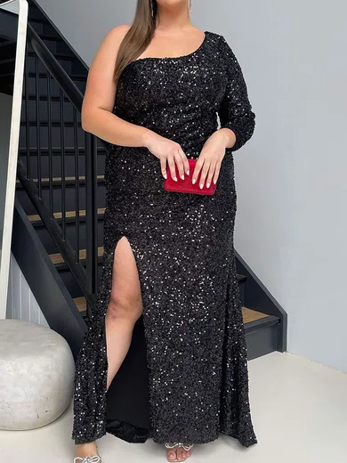 Sheath/Column One Shoulder Sparkly Sequin Prom Dresses With Long Sleeves #UKM020116594