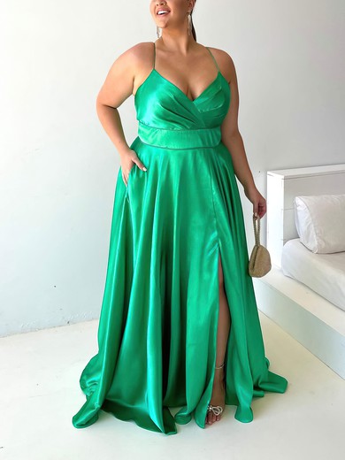 Ball Gown V-neck Silk-like Satin Sweep Train Pockets Prom Dresses #UKM020116596