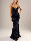Trumpet/Mermaid V-neck Tulle Sweep Train Sequins Prom Dresses #UKM020116605
