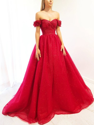 Ball Gown Off-the-shoulder Glitter Sweep Train Prom Dresses #UKM020116616