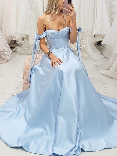 Ball Gown Off-the-shoulder Satin Sweep Train Bow Prom Dresses #UKM020116618