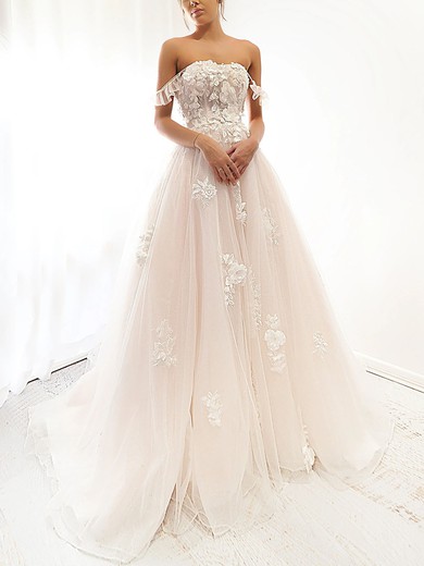 Ball Gown Off-the-shoulder Tulle Sweep Train Prom Dresses With Appliques Lace #UKM020116620