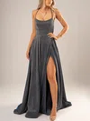 Ball Gown Scoop Neck Shimmer Crepe Sweep Train Prom Dresses With Split Front #UKM020116635