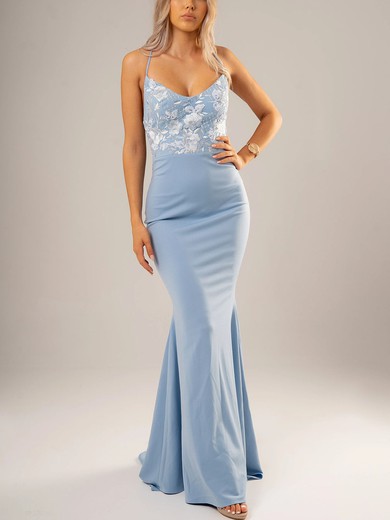 Trumpet/Mermaid V-neck Stretch Crepe Sweep Train Prom Dresses With Appliques Lace #UKM020116640