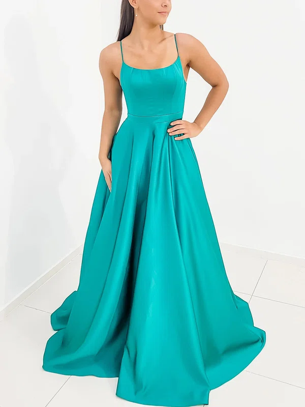 Ball Gown Scoop Neck Satin Sweep Train Prom Dresses With Bow #UKM020116645
