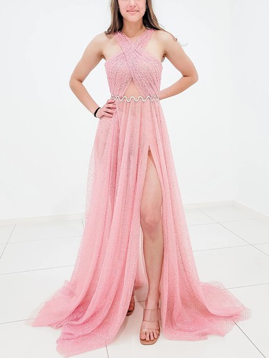 A-line V-neck Glitter Sweep Train Prom Dresses With Split Front #UKM020116651