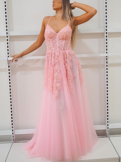 Ball Gown V-neck Tulle Sweep Train Prom Dresses With Appliques Lace #UKM020116661