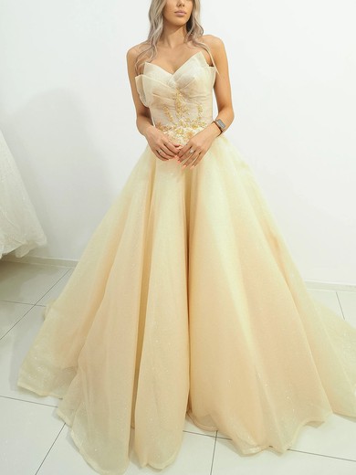 Ball Gown V-neck Glitter Sweep Train Prom Dresses With Appliques Lace #UKM020116663