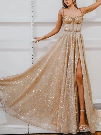 Ball Gown Sweetheart Glitter Tulle Prom Dresses With Split #UKM020116668