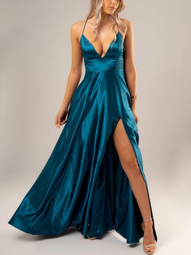 A-line V-neck Silk-like Satin Floor-length Split Front Prom Dresses #UKM020116681