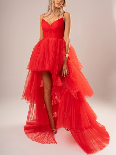 Ball Gown V-neck Tulle Asymmetrical Prom Dresses With Tiered #UKM020116682