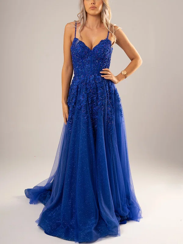 Ball Gown V-neck Tulle Glitter Sweep Train Appliques Lace Prom Dresses #UKM020116684