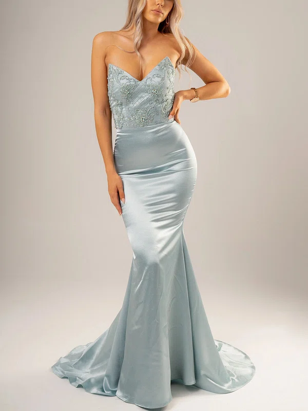Trumpet/Mermaid V-neck Silk-like Satin Sweep Train Prom Dresses With Appliques Lace #UKM020116687