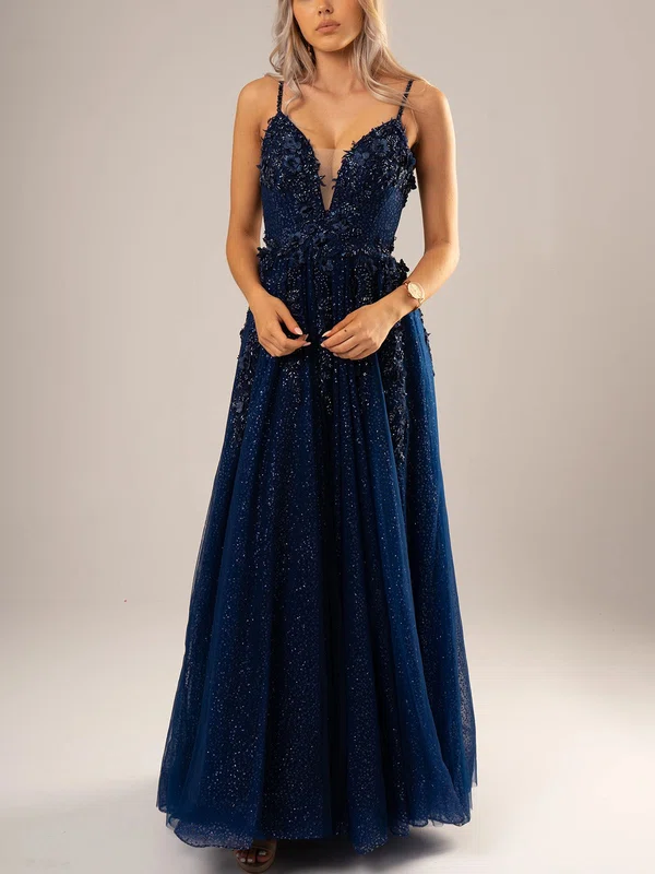 Ball Gown V-neck Glitter Tulle Floor-length Appliques Lace Prom Dresses #UKM020116689