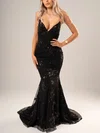 Trumpet/Mermaid V-neck Tulle Sweep Train Sequins Prom Dresses #UKM020116690