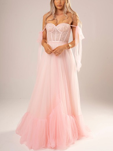 Ball Gown Off-the-shoulder Tulle Floor-length Prom Dresses With Beading #UKM020116691