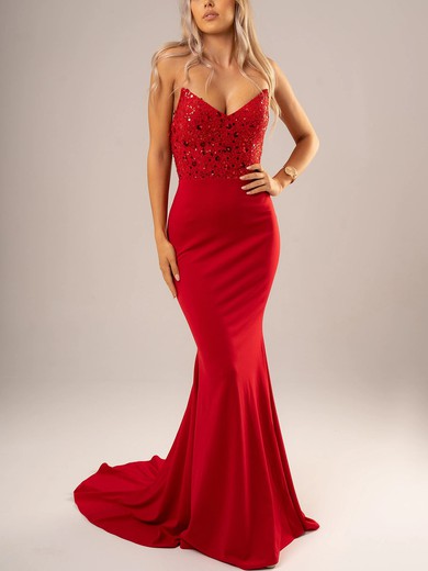 Trumpet/Mermaid V-neck Stretch Crepe Sweep Train Sequins Prom Dresses #UKM020116693