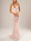 Sheath/Column V-neck Glitter Floor-length Appliques Lace Prom Dresses #UKM020116698
