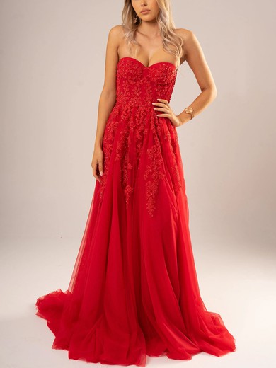 Ball Gown Sweetheart Tulle Sweep Train Appliques Lace Prom Dresses #UKM020116699