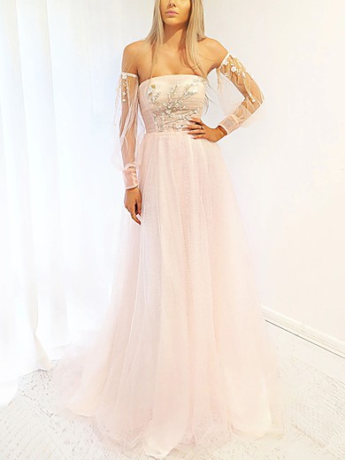 Ball Gown Off-the-shoulder Glitter Tulle Sweep Train Prom Dresses With Appliques Lace #UKM020116701