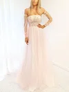 Ball Gown Off-the-shoulder Glitter Tulle Sweep Train Prom Dresses With Appliques Lace #UKM020116701