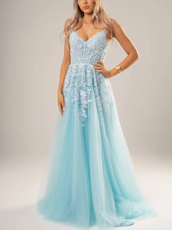 Ball Gown V-neck Tulle Sweep Train Appliques Lace Prom Dresses #UKM020116702
