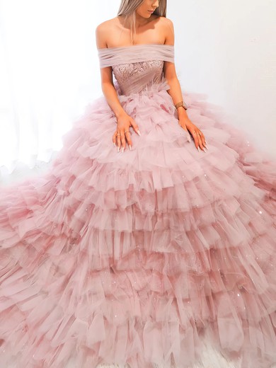 Ball Gown Off-the-shoulder Glitter Tulle Court Train Prom Dresses With Tiered #UKM020116703