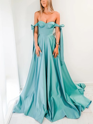 Ball Gown Off-the-shoulder Satin Sweep Train Bow Prom Dresses #UKM020116705