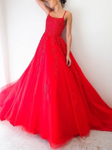 Ball Gown Scoop Neck Tulle Sweep Train Beading Prom Dresses #UKM020116713