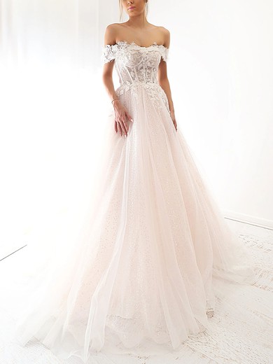 Ball Gown Off-the-shoulder Tulle Court Train Prom Dresses With Appliques Lace #UKM020116714