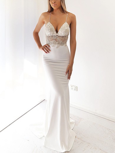 Sheath/Column V-neck Stretch Crepe Sweep Train Prom Dresses With Appliques Lace #UKM020116718