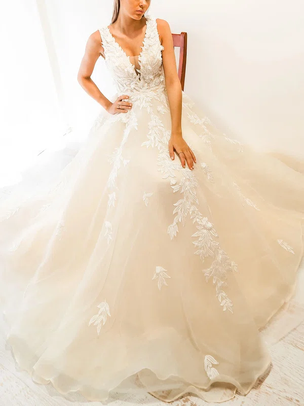 Ball Gown V-neck Tulle Sweep Train Prom Dresses With Appliques Lace #UKM020116720